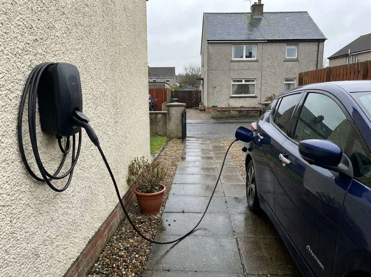 Home electric vehicle charger connected to a car on a driveway