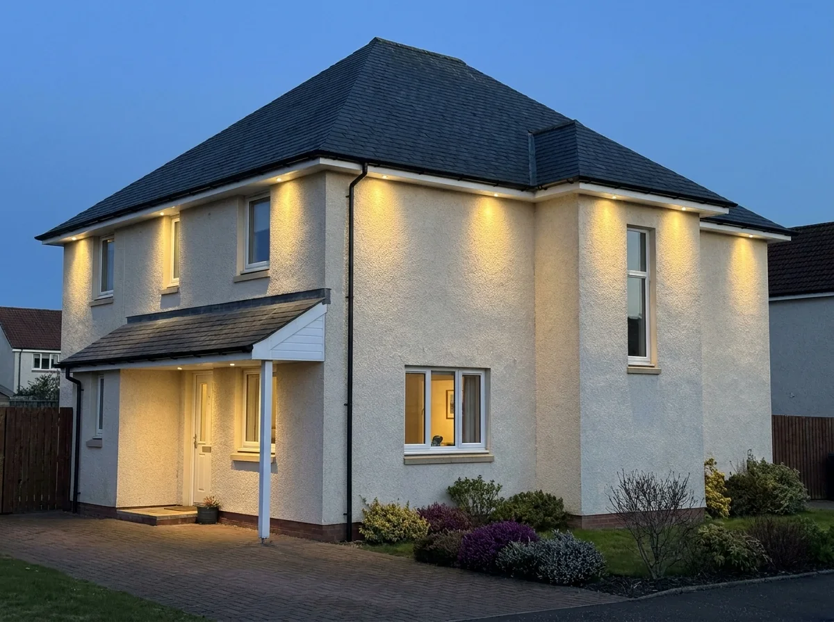 Warm soffit lighting illuminating the outside of a home at dusk
