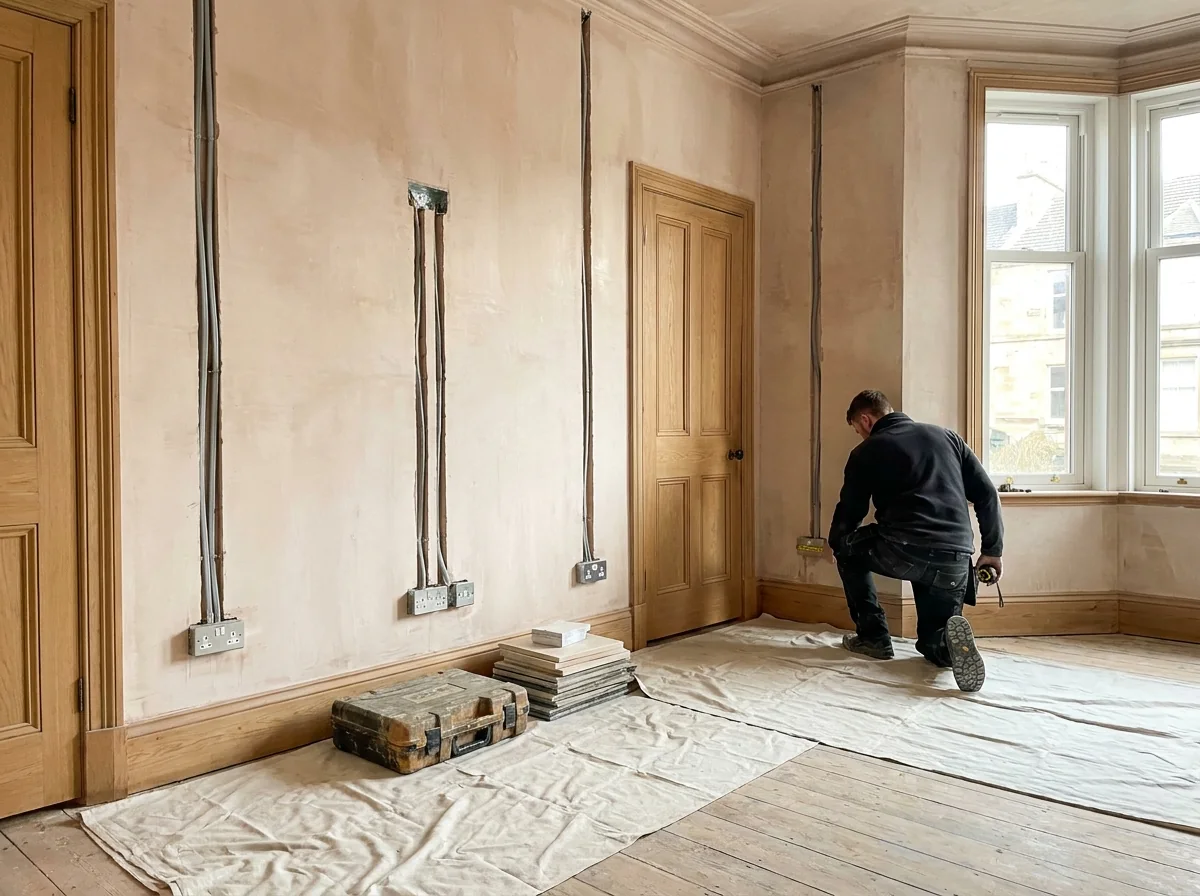 New cable routes and socket positions in a house being rewired