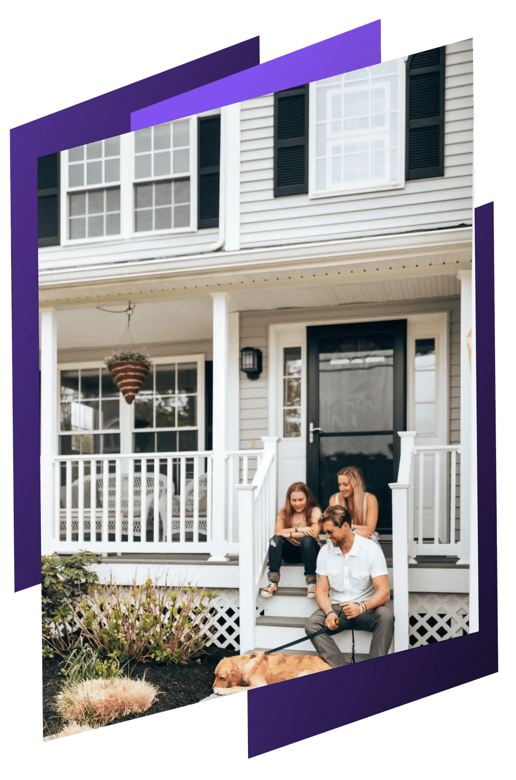 Family relaxing on the front porch of their home