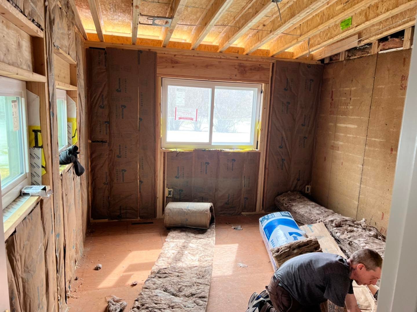 Home addition interior during framing and insulation