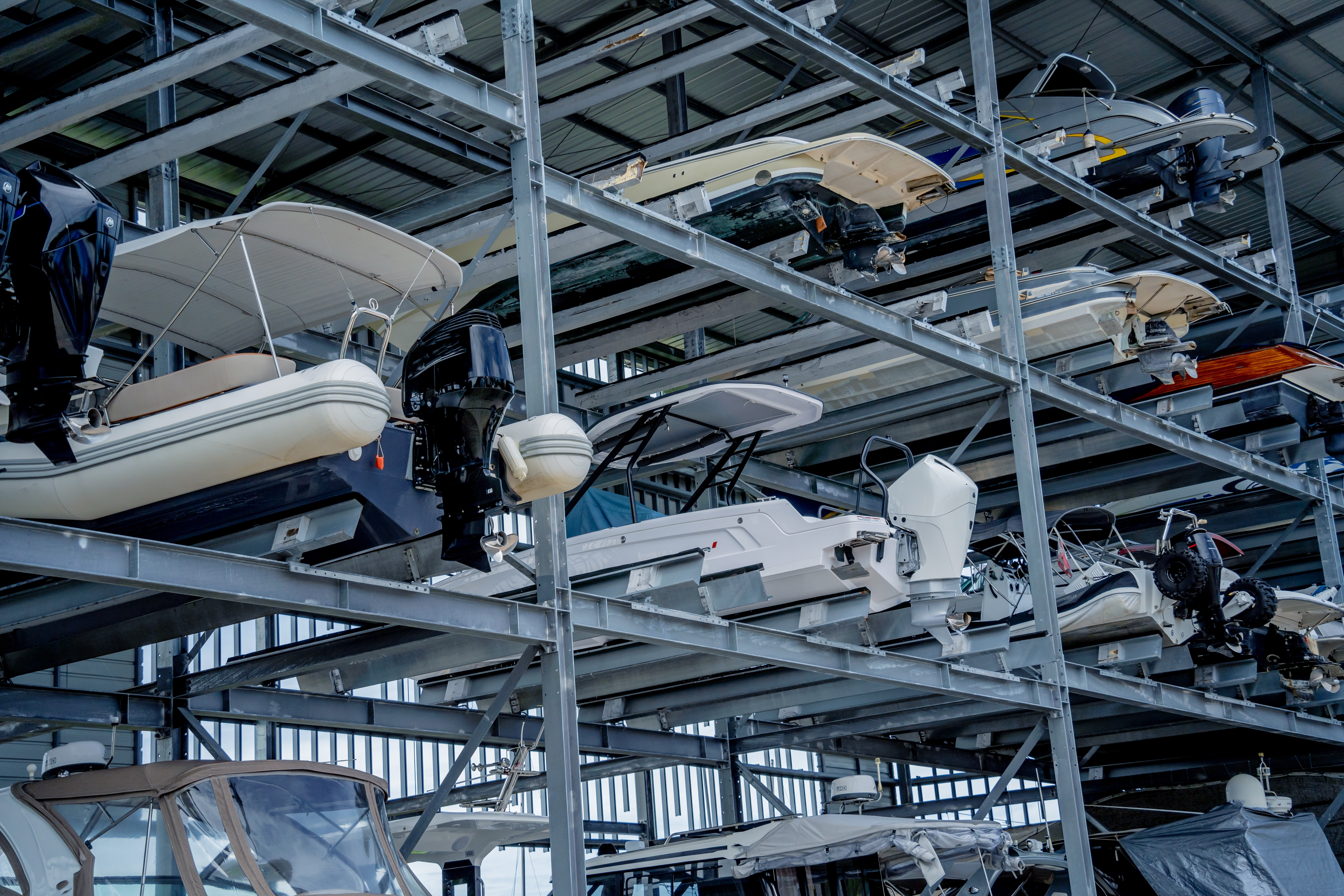Powerboats stored on racks at a marina