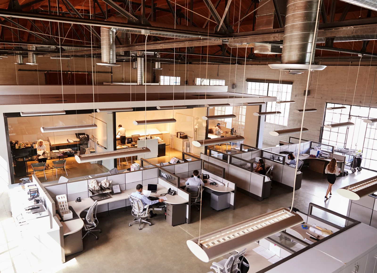 Open-plan office with working professionals, exposed ceilings, and natural light