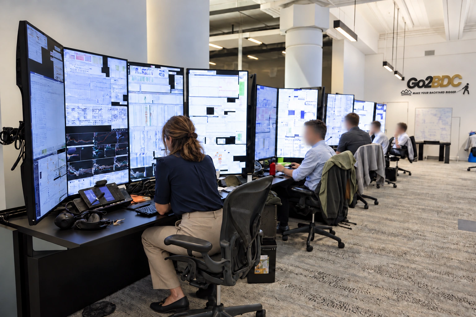 The Go2BDC team monitoring campaigns in the office, with coworker faces blurred for privacy