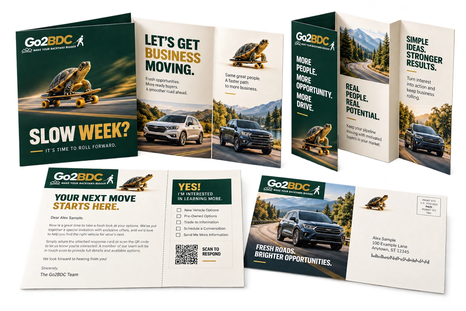 Go2BDC turtle campaign concept shown as a folded brochure, trifold and personalized response mailer