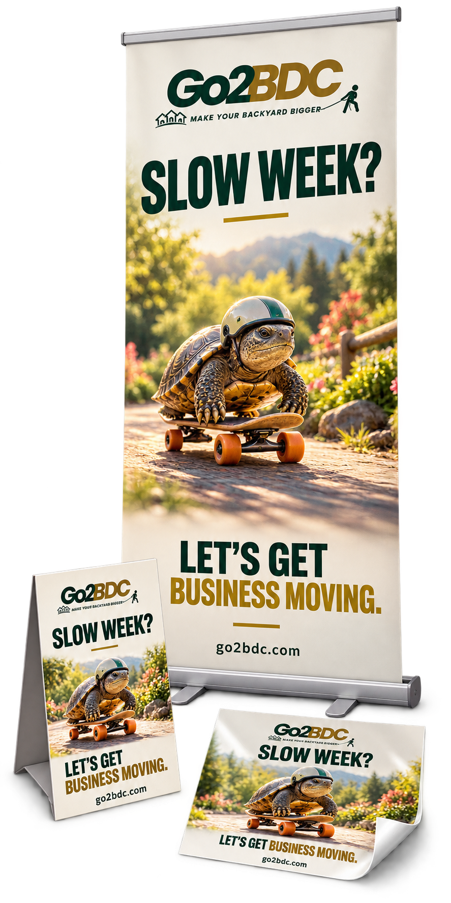 Photorealistic Go2BDC retractable banner, countertop easel display and window decal on a transparent background