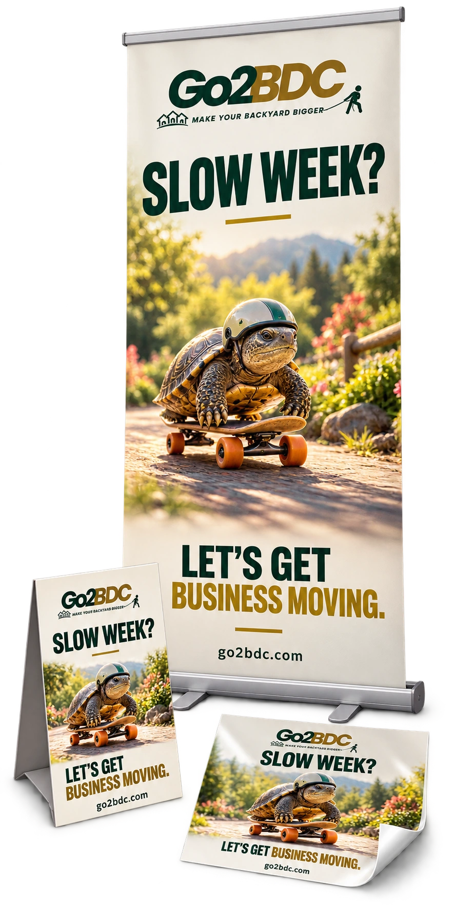 Go2BDC turtle campaign on a retractable floor banner, counter display and window graphic with transparent backgrounds