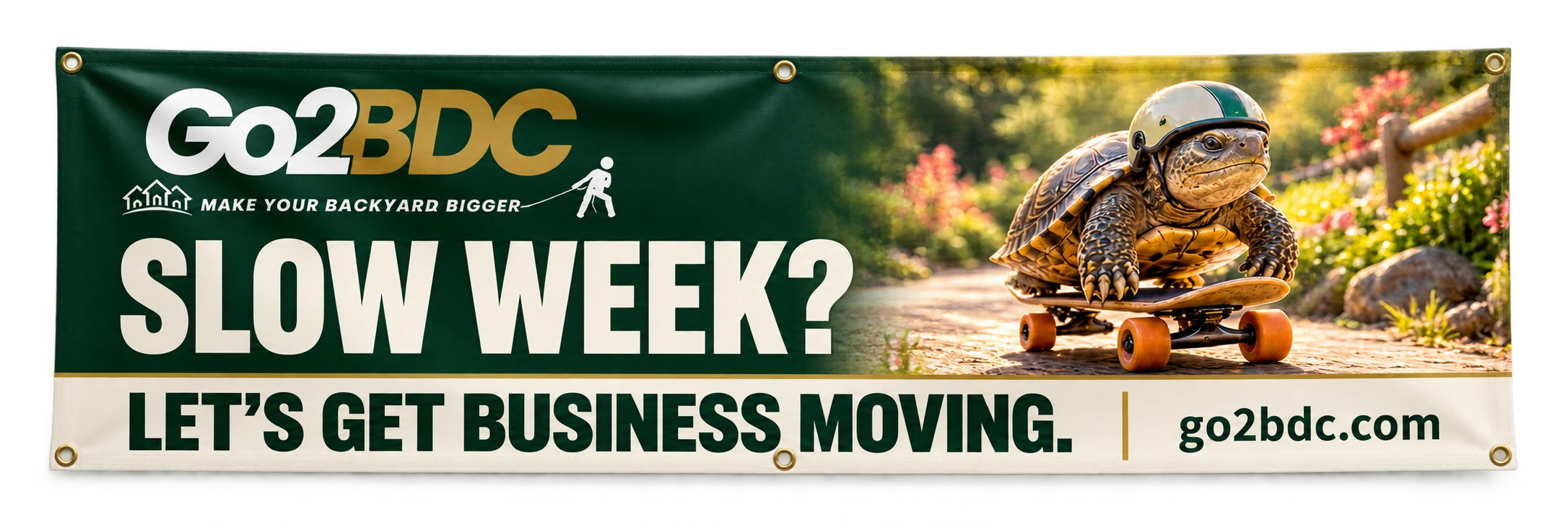 Realistic horizontal Go2BDC Slow Week vinyl banner with metal grommets and a turtle on a skateboard