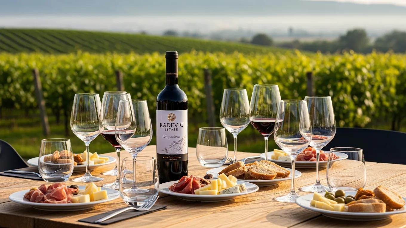 A wooden table spread with meats and cheeses, featuring Radevic wine set in front of a Montenegrin vineyard. A wooden table spread with meats and cheeses, featuring Radevic wine set in front of a Montenegrin vineyard.