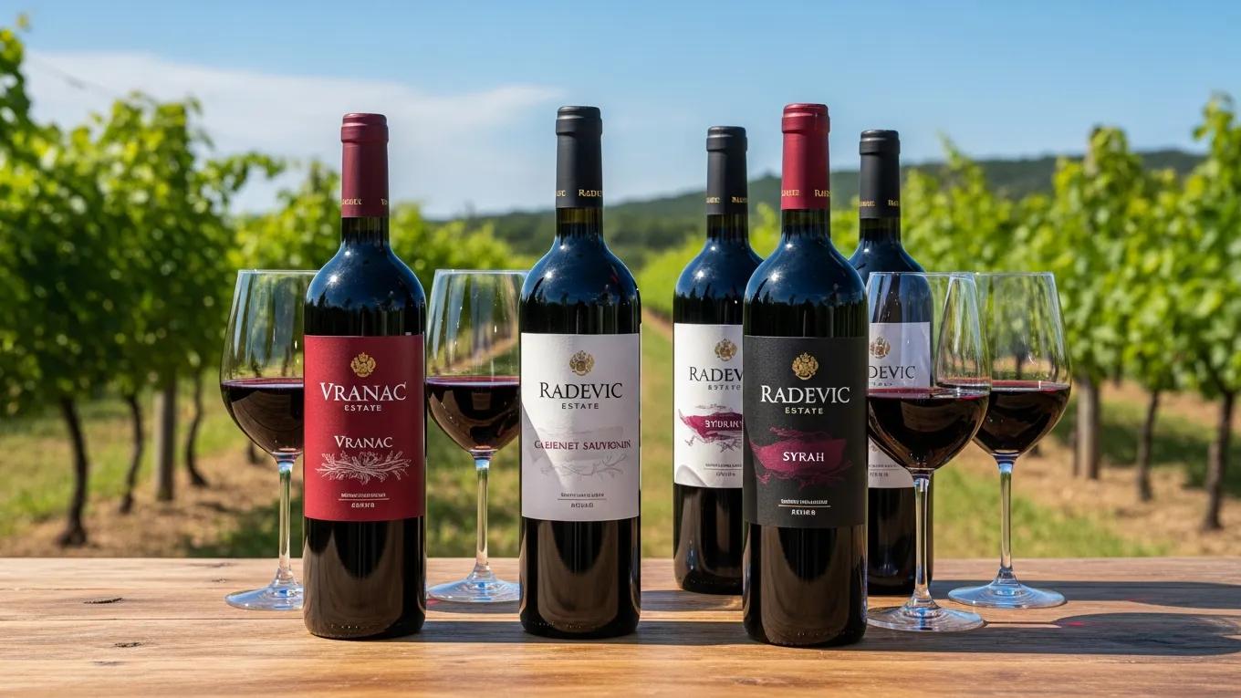 A selection of Radevic Estate wines on a table in front of the vineyard.