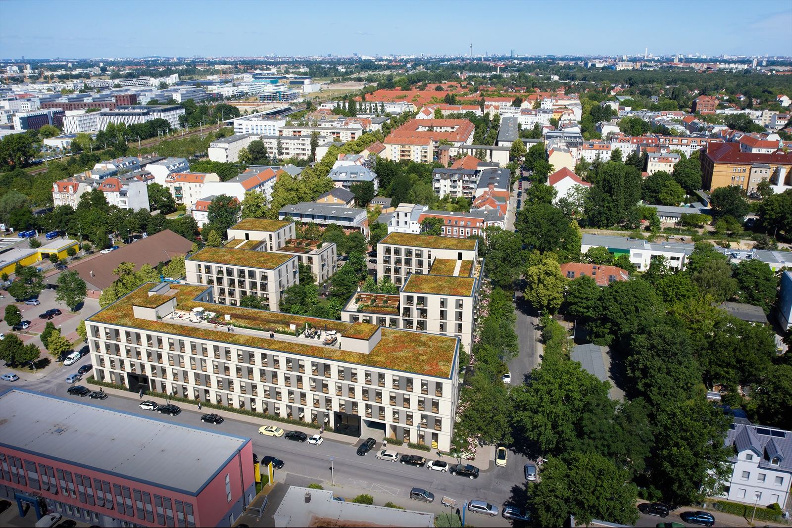 Luftbild-Visualisierung Kabelwerk Berlin mit begrüntem Dach und Dachterrasse