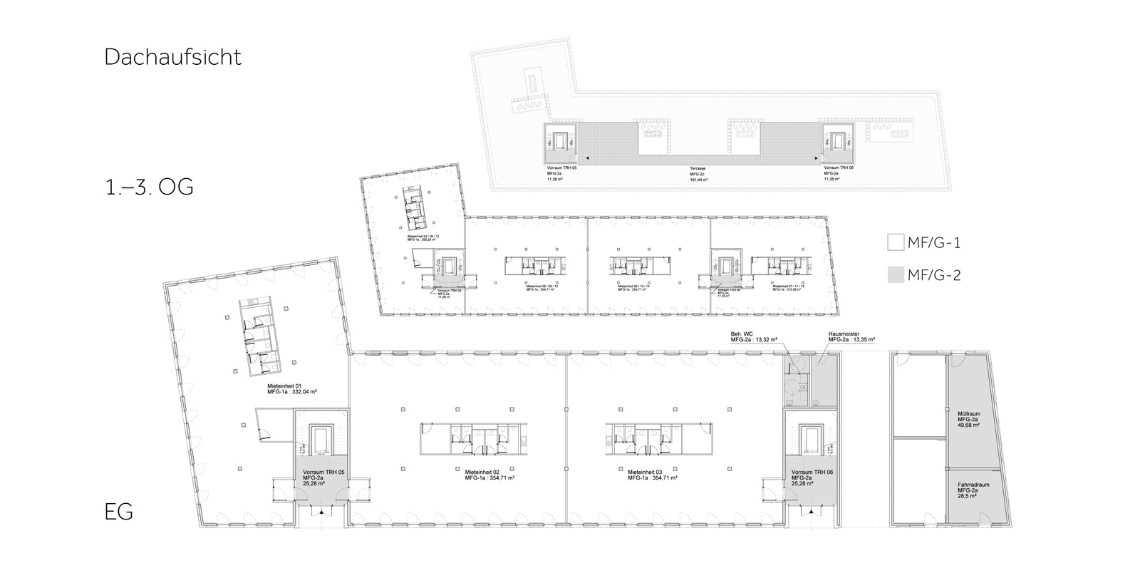 Grundrisse: Dachaufsicht, 1.–3. Obergeschoss und Erdgeschoss