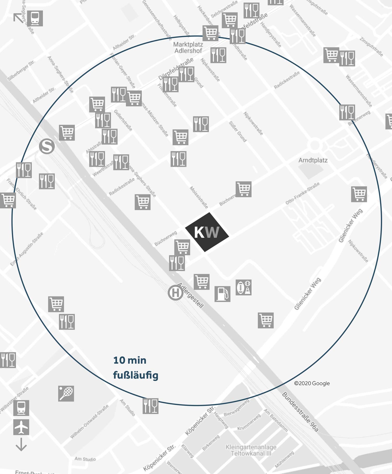 Karte: Kabelwerk Berlin, Otto-Franke-Straße in Adlershof, mit S-Bahnhof, Bahnhof Schöneweide und Flughafen BER