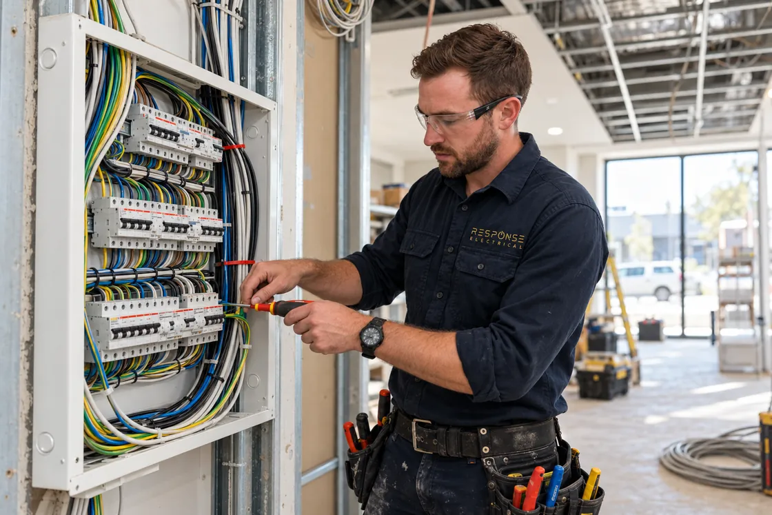 Response Electrical Contractors licensed electrician in uniform working on a switchboard panel