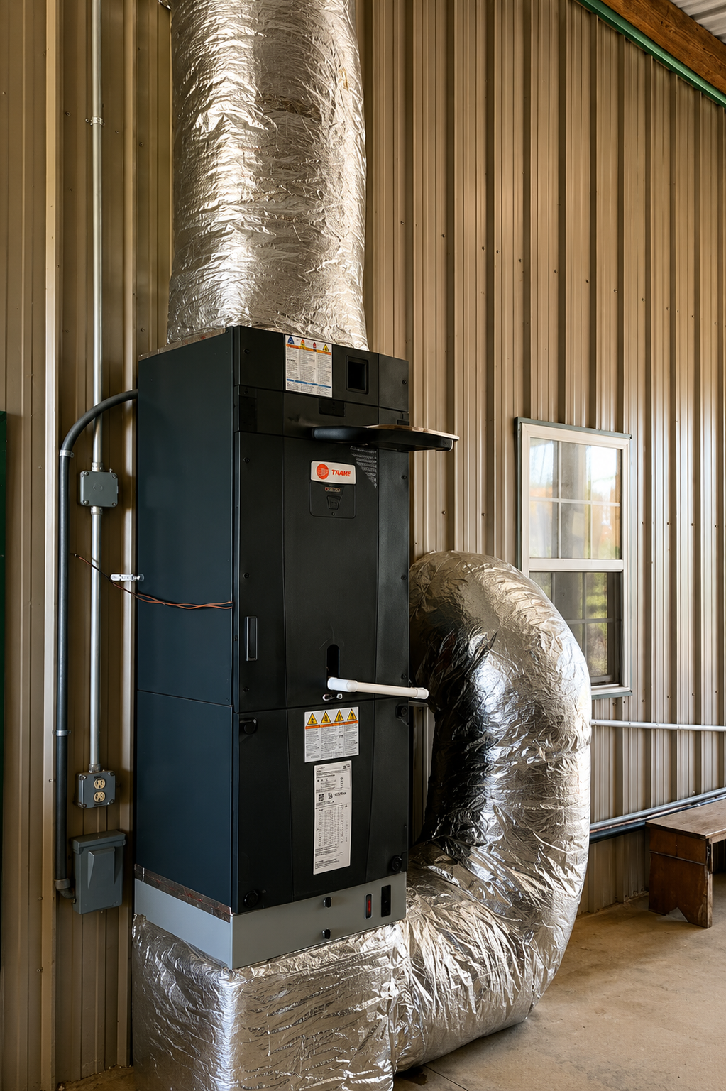 Completed residential air conditioning installation with outdoor condenser