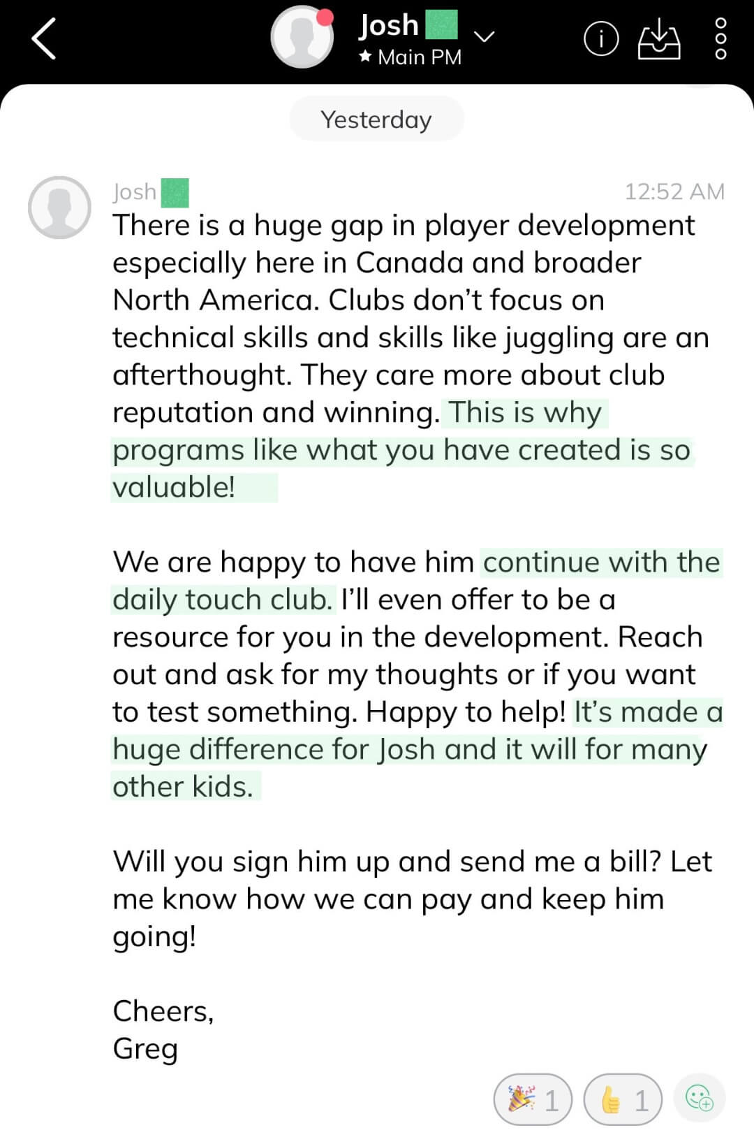 Player testimonial