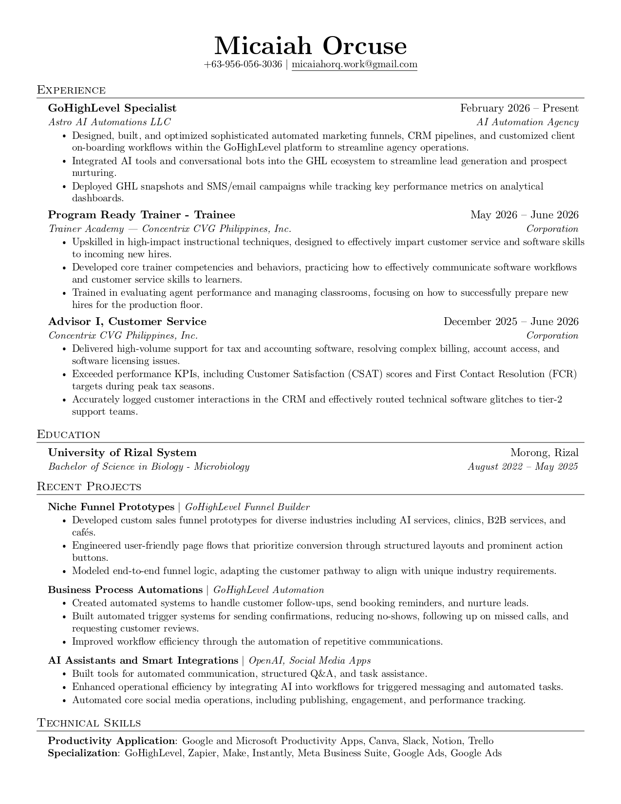 Micaiah Orcuse resume — GoHighLevel specialist CV