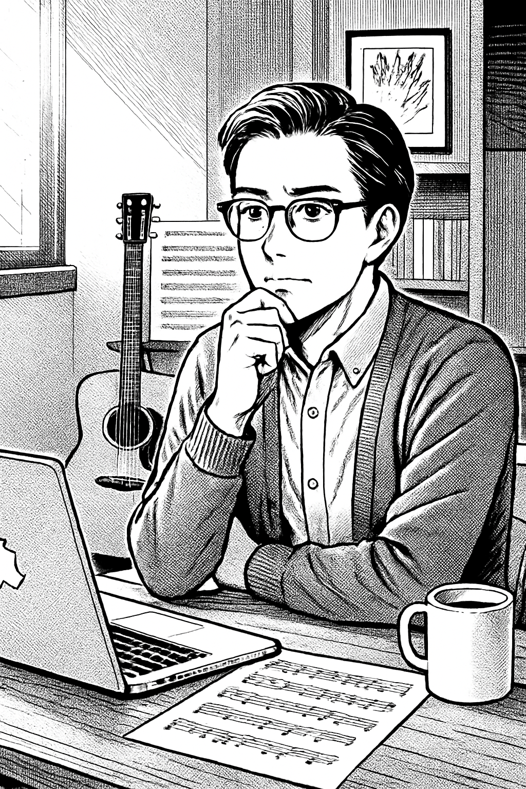 A music school owner planning their business growth in a calm, focused home studio environment