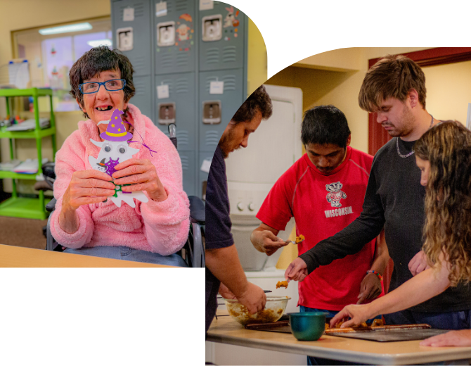 Two images of Pathways participants with a finished art project and making cookies.