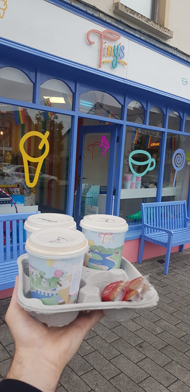 Coffee and ice cream held outside Tiny's sweet shop in Buncrana
