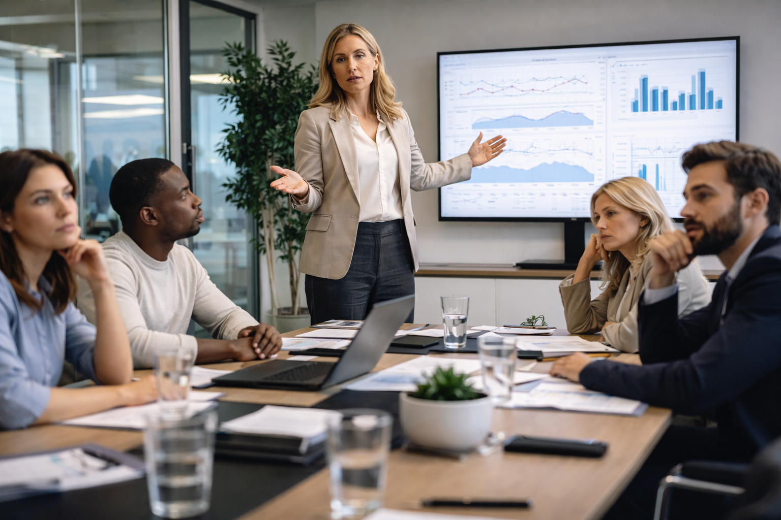 Female leader presenting complex technical information in a modern office meeting while team members look disengaged