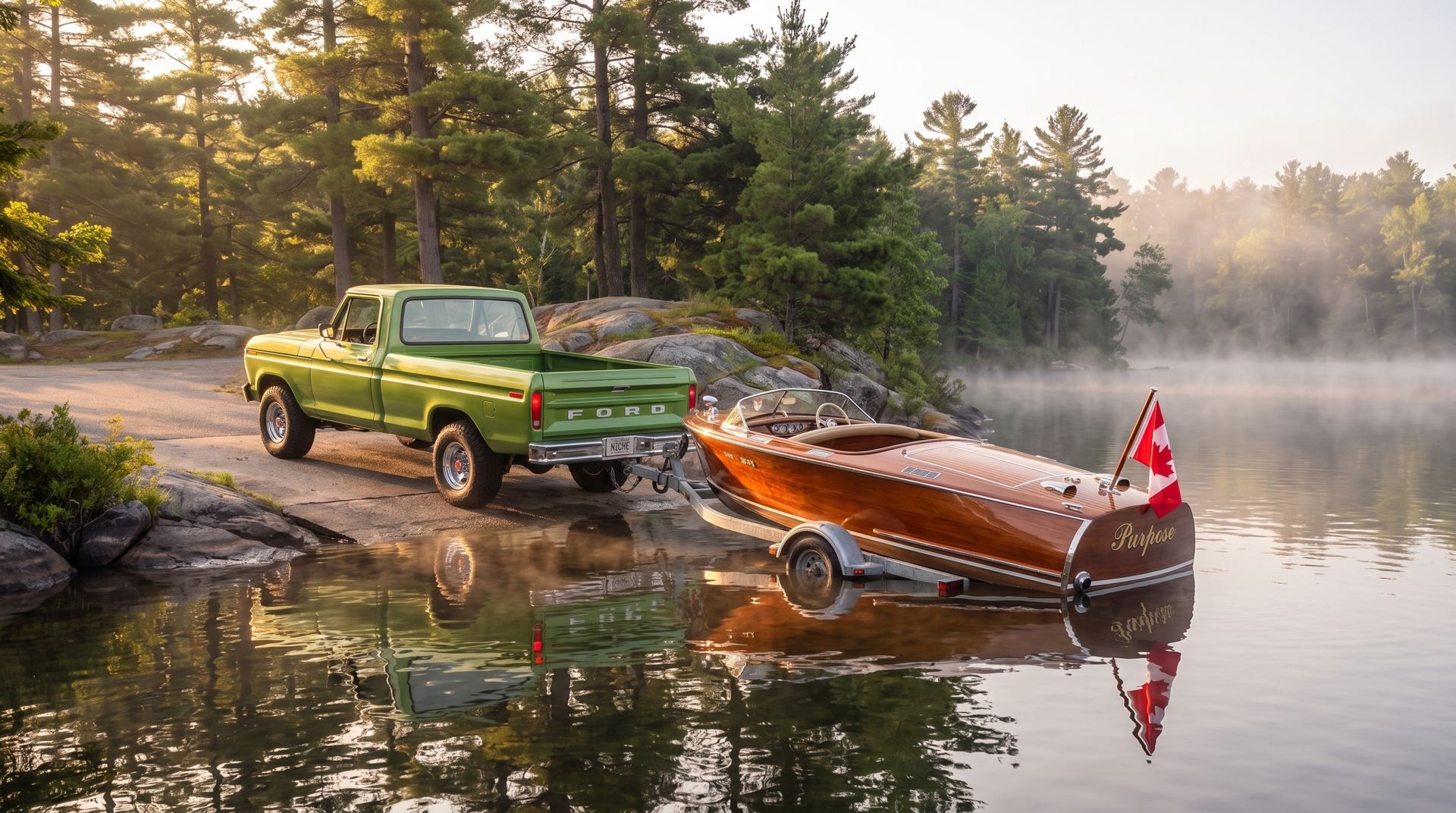 Green Ford pickup backing a wooden boat named Purpose into a misty lake at sunrise