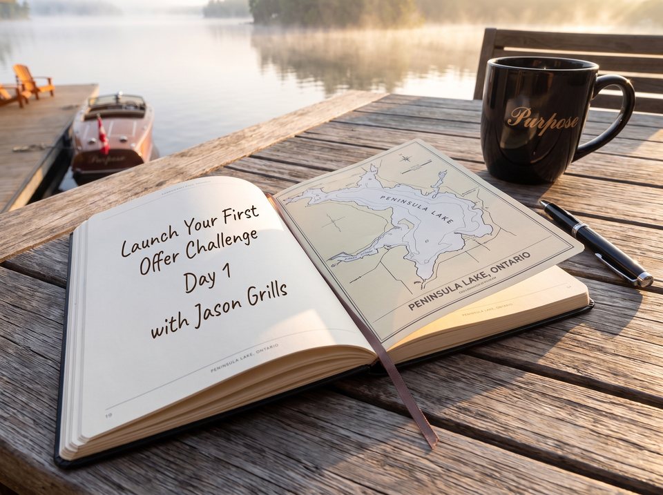 Open notebook beside a Peninsula Lake chart, black pen, and Purpose mug on a dock table