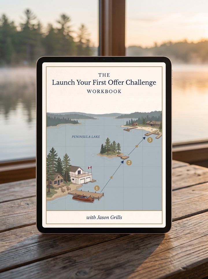The Challenge Workbook shown on a tablet on a lakeside table
