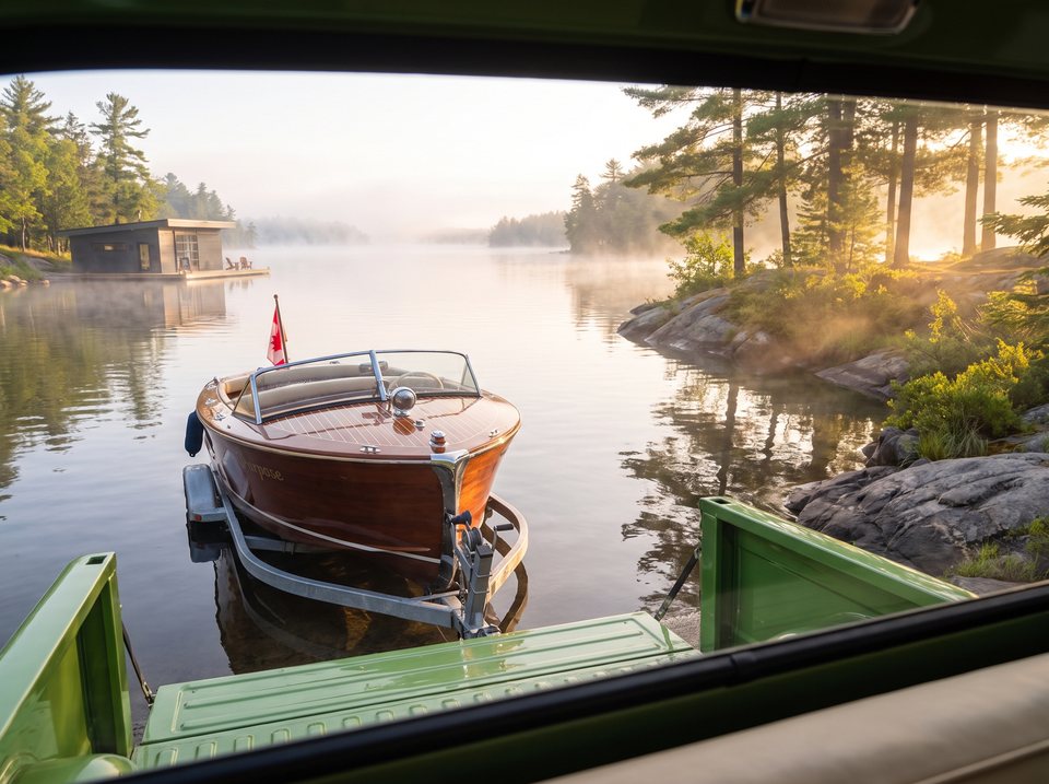 View from the green pickup of the wooden boat on its trailer at the lake's edge