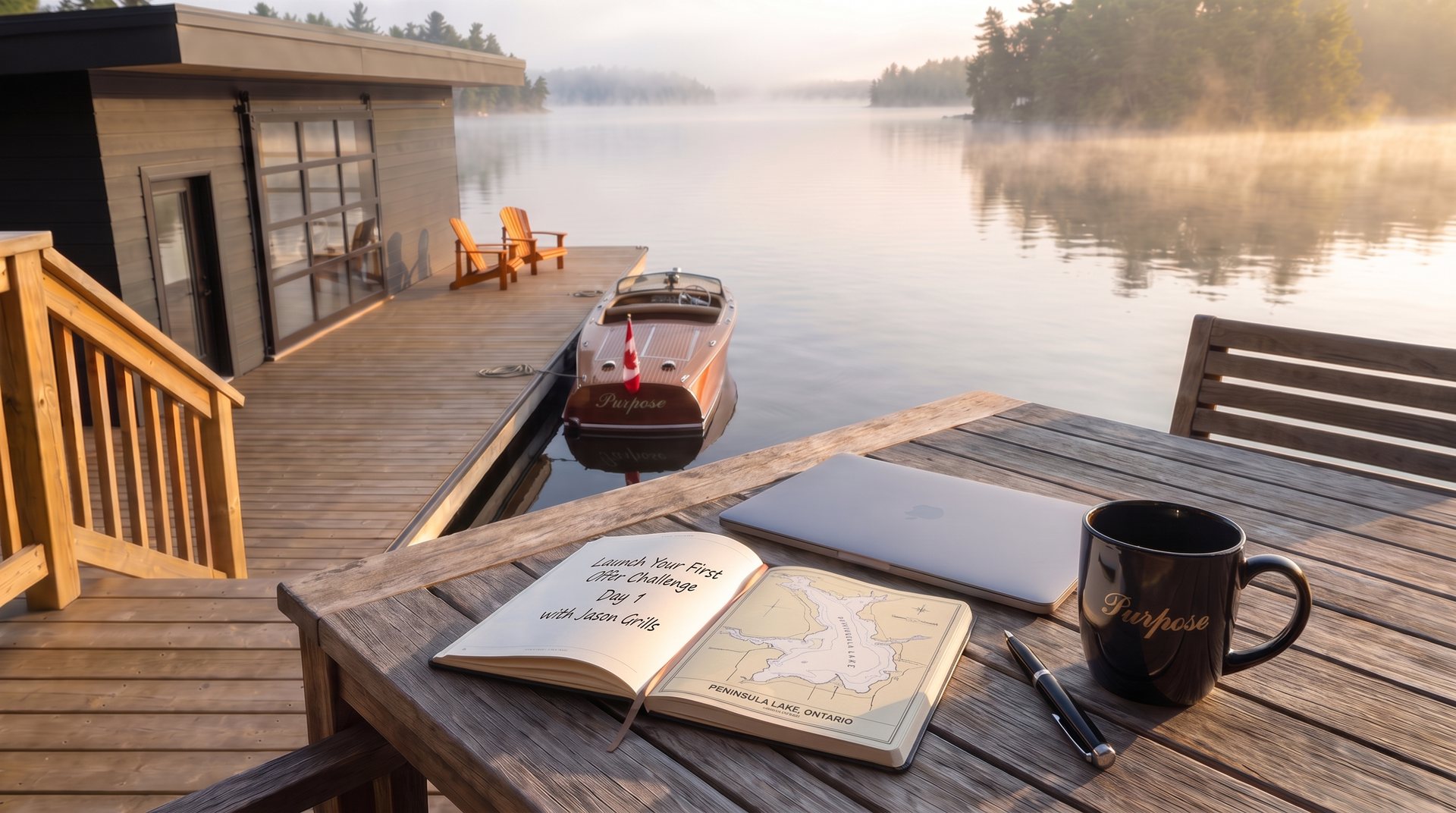 Open notebook and a Peninsula Lake chart, a pen, laptop, and Purpose mug on a dock table, the wooden boat and boathouse on the lake beyond
