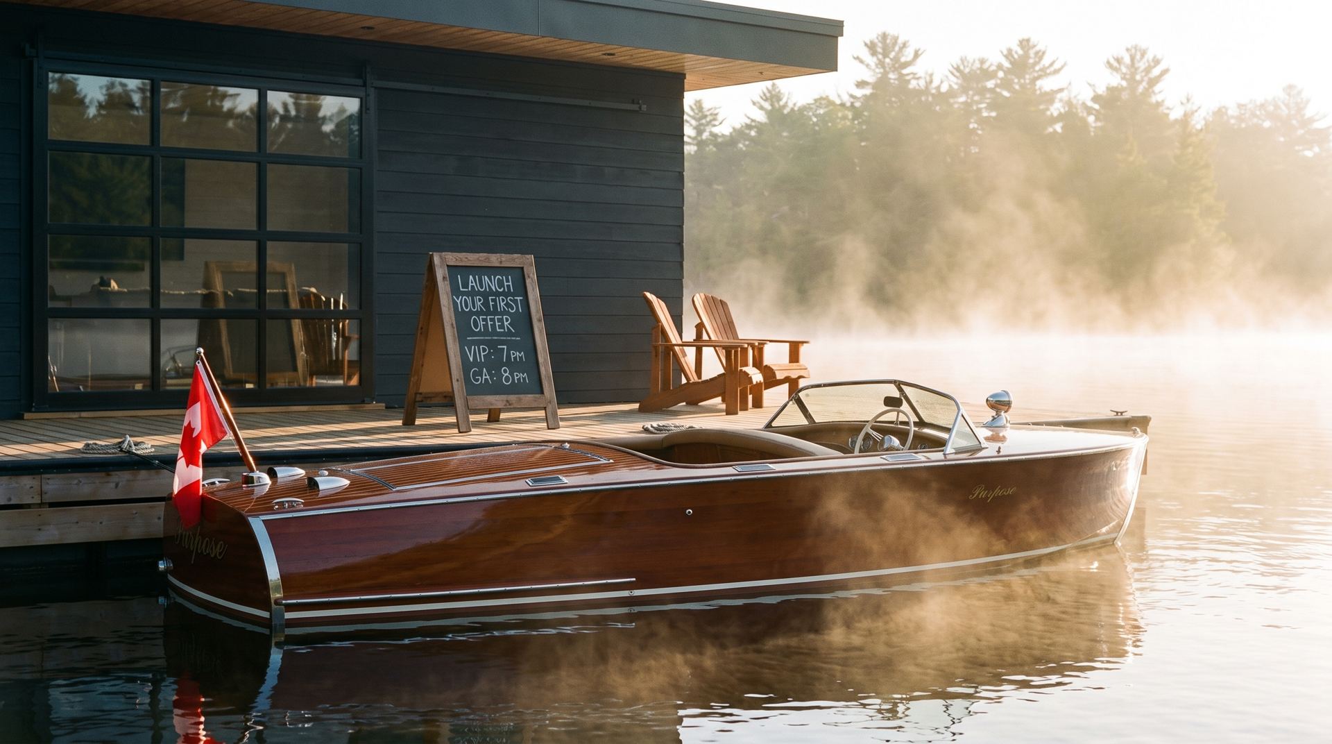 Wooden boat moored beside the boathouse, with a chalkboard on the dock