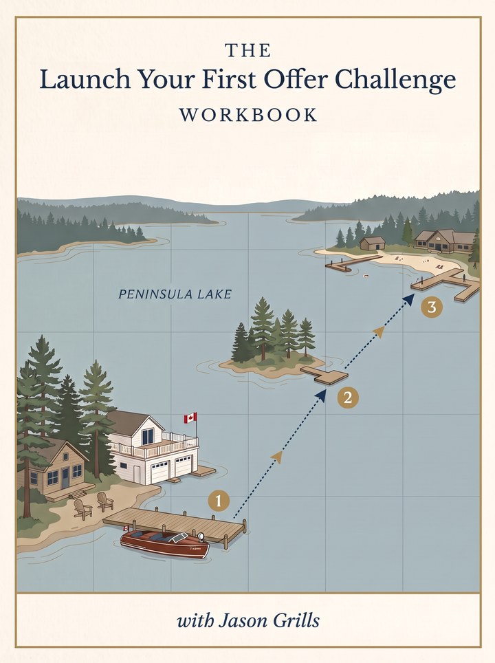 Cover of the Challenge Workbook, with Jason Grills: an illustrated Peninsula Lake chart with three numbered stops