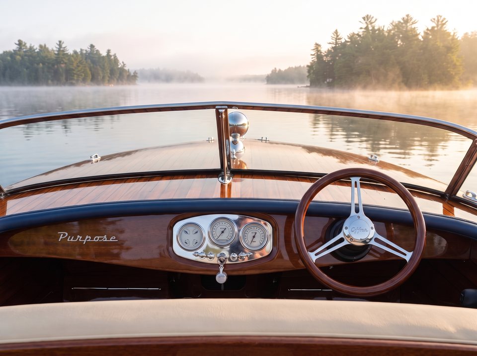 View from the helm of the wooden boat: wood steering wheel, gauges, and the calm lake ahead