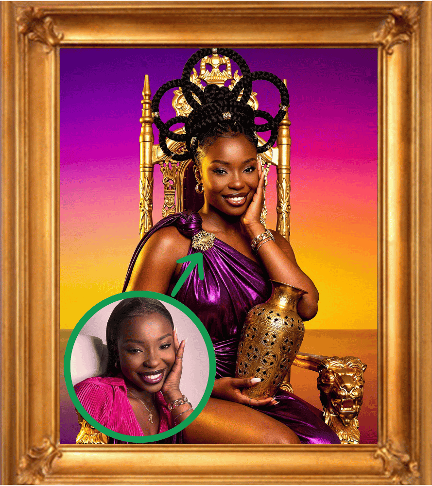 A woman styled as a powerful African Futurist queen