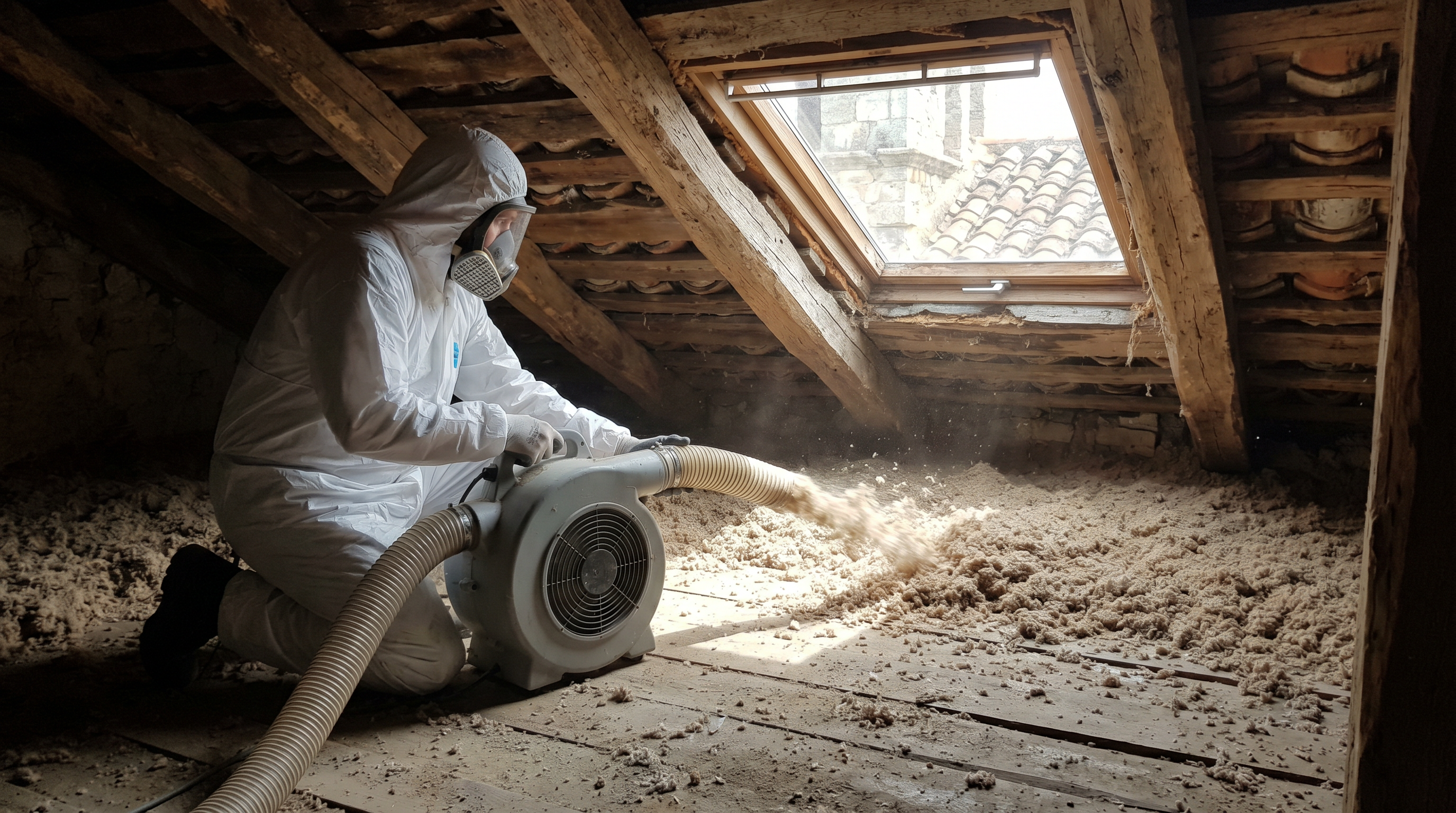 Técnico COPRIMSA instalando aislamiento por soufflage en la buhardilla