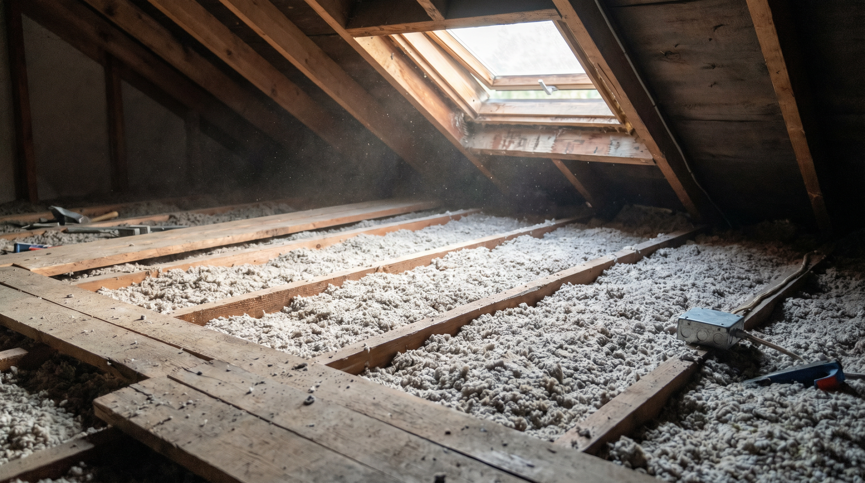 Buhardilla con aislamiento térmico instalado — resultado del soufflage