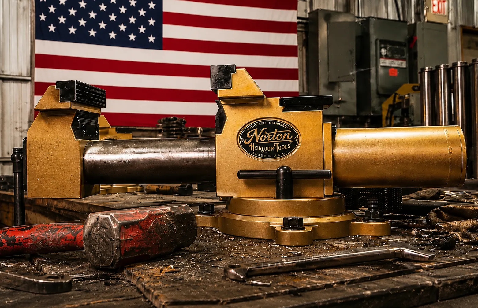 Norton Heirloom Tools bench vise on a machine shop workbench in front of an American flag