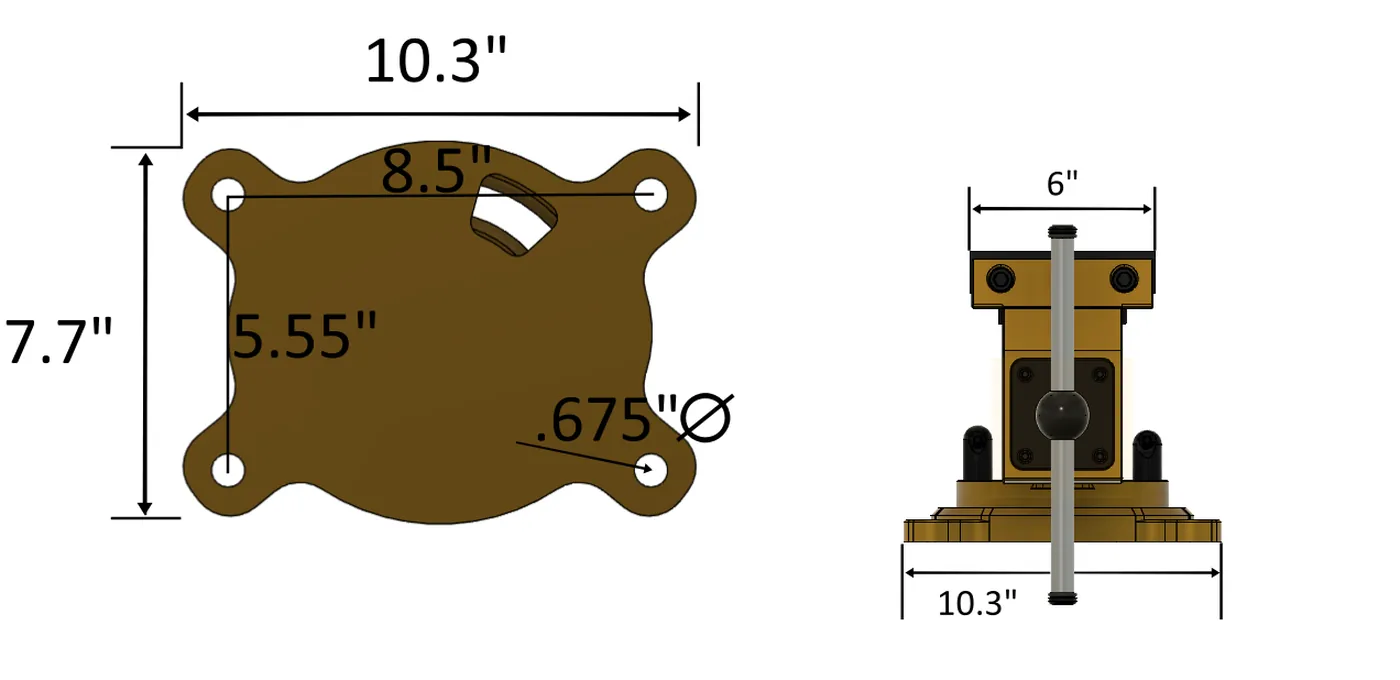 Swivel base footprint: 10.3 by 7.7 inches, 8.5 by 5.55 inch bolt pattern, 0.675 inch diameter holes