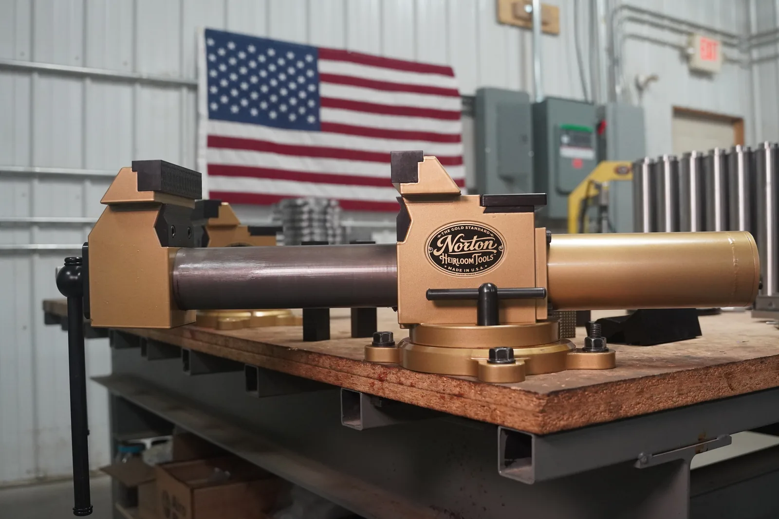 Norton Gold Standard Model 60 combination pipe and bench vise on a shop bench