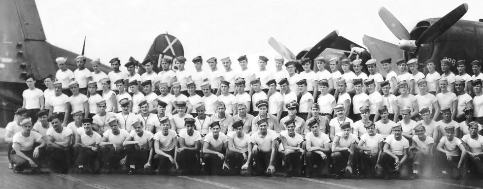 Crew of the USS Wasp CV-18 aircraft carrier in the Pacific