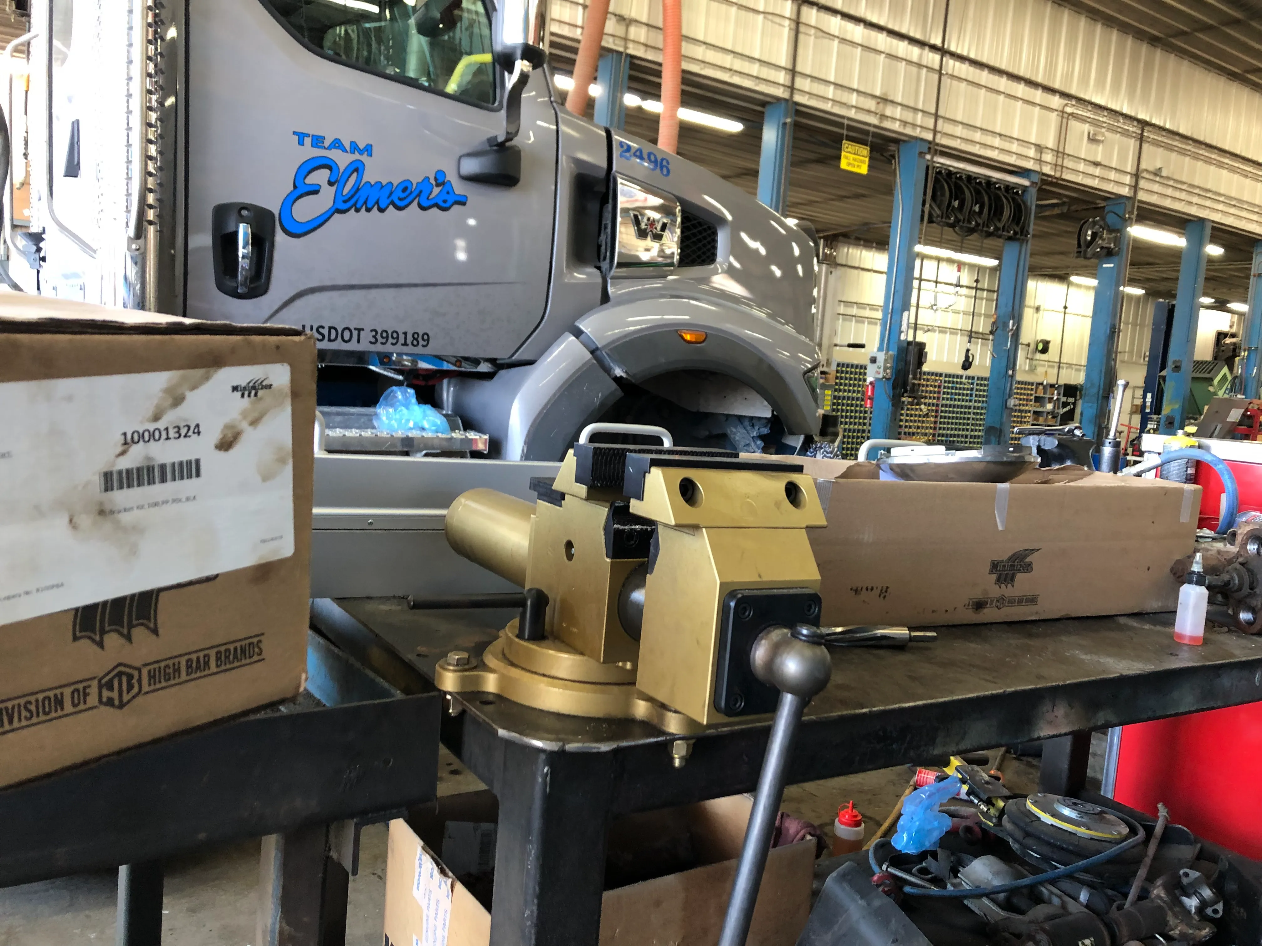 A Norton Model 60 vise mounted on a bench in the Team Elmer's truck shop