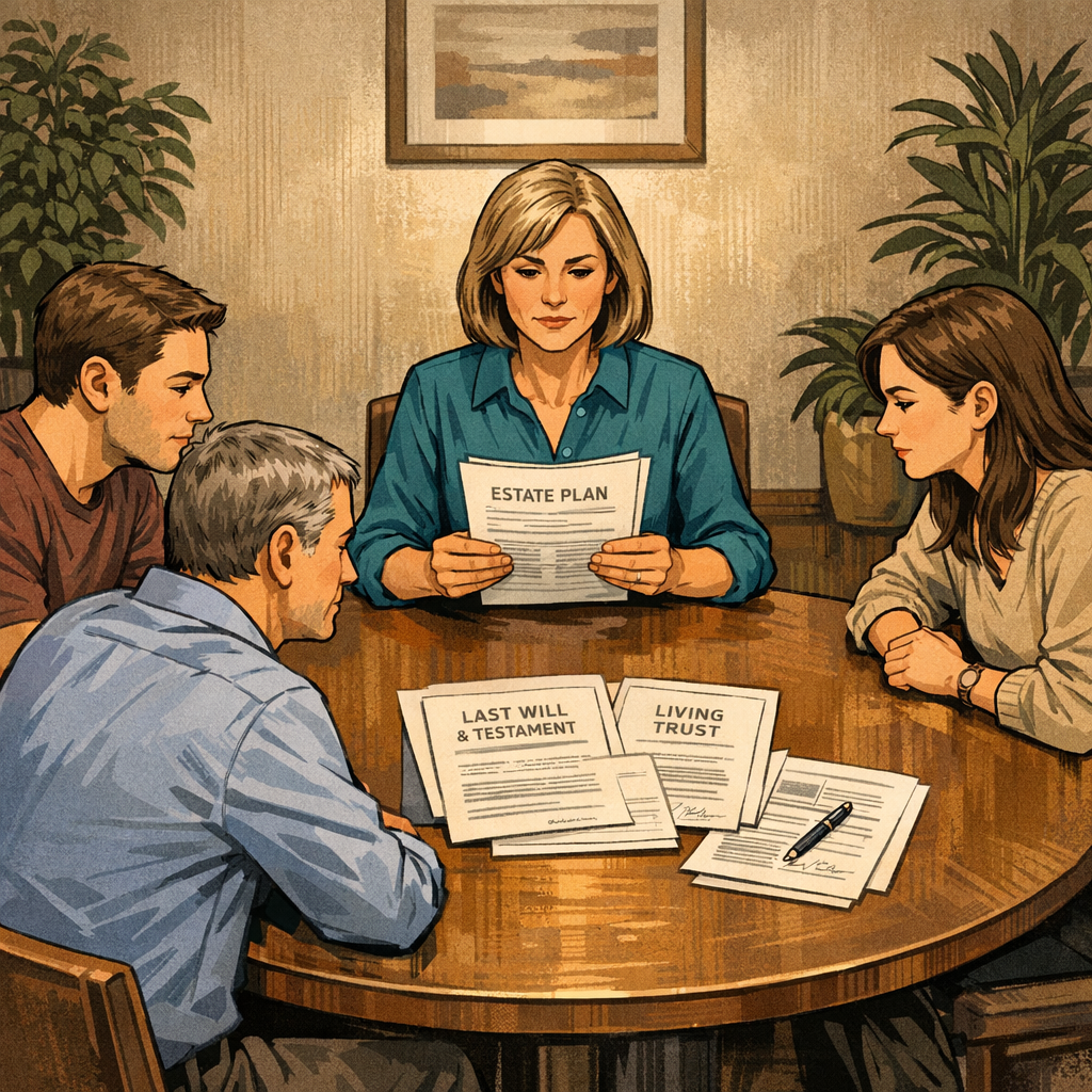 Family reviewing estate planning documents together