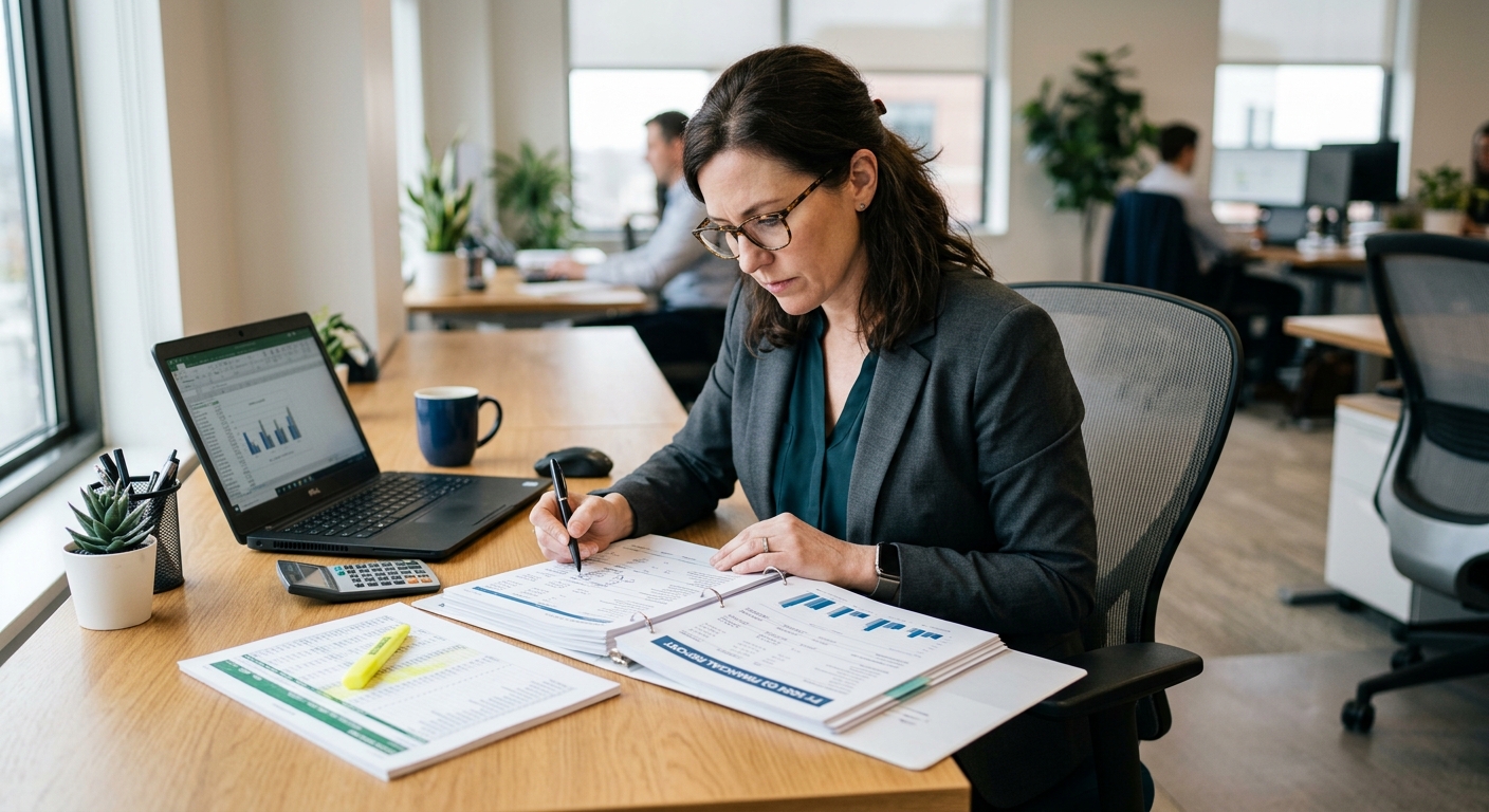 Reviewing financial documents at a desk