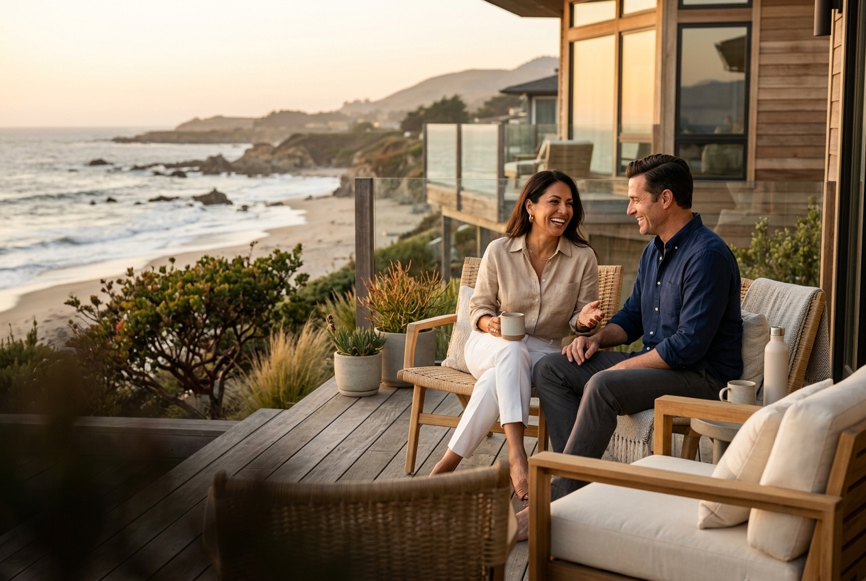 Couple relaxing on the deck of a bright coastal home