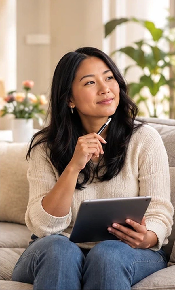 Woman on a sofa with a tablet and a pen