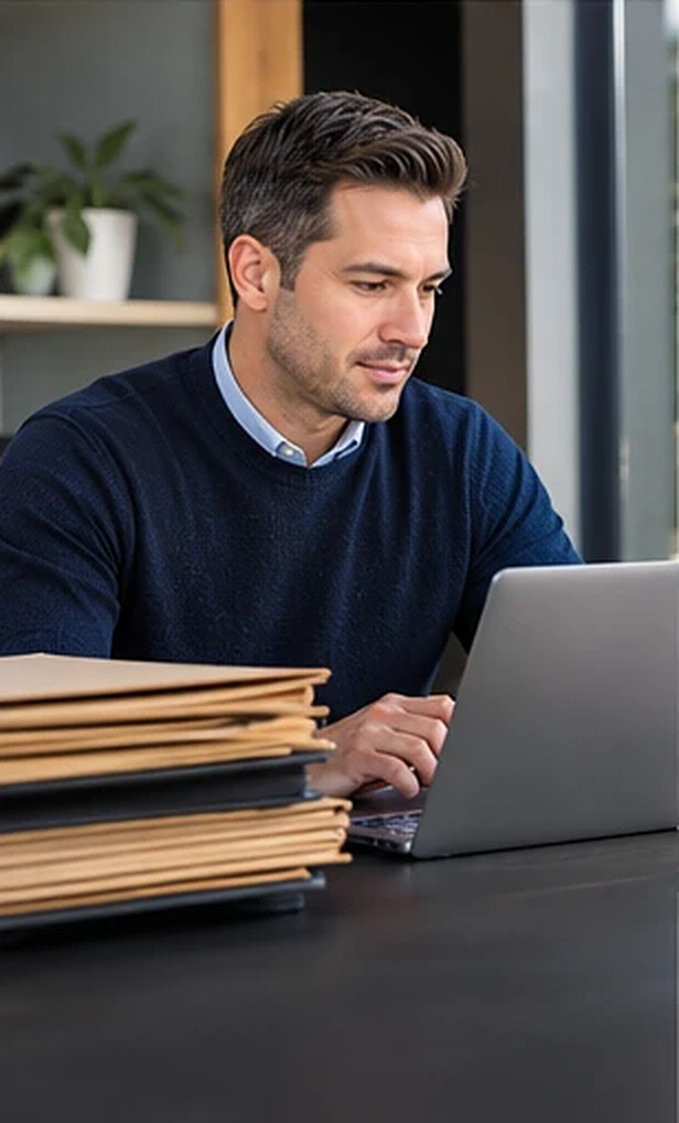 Man at a desk with stacked folders