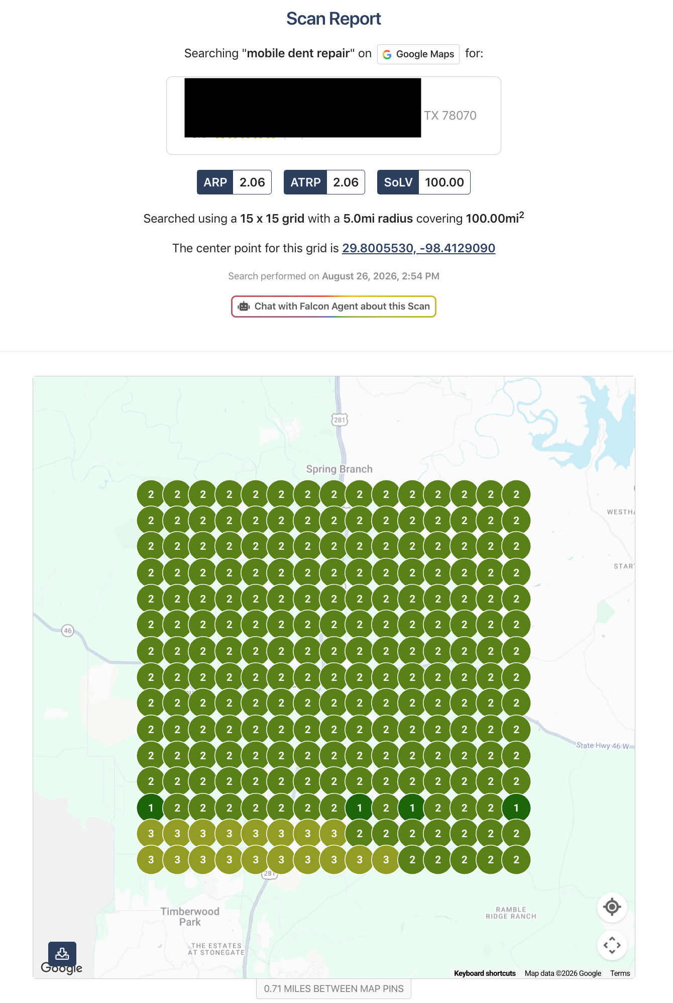 Anonymized GHL Meets SEO local SEO search grid for Mobile Dent Repair from August 26 2026, using a 15 by 15 Google Maps grid across a 5-mile radius and 100-square-mile area, with every tested point ranking in the top three and most positions ranking number two.