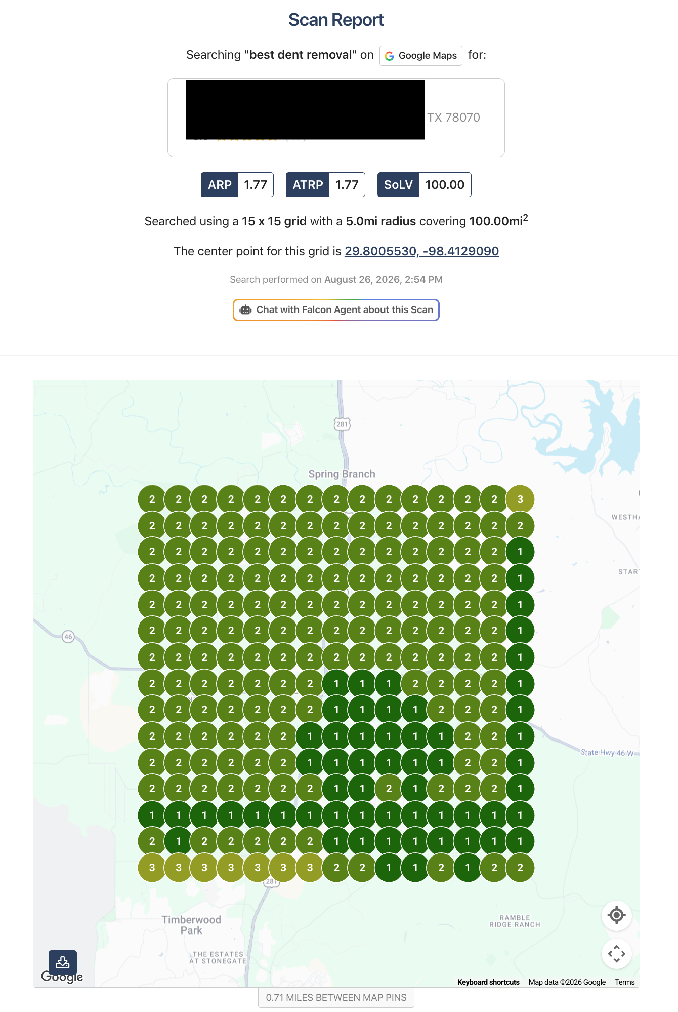 Anonymized GHL Meets SEO local SEO search grid for Best Dent Removal from August 26 2026, using a 15 by 15 Google Maps grid across a 5-mile radius and 100-square-mile area, with every tested location ranking inside the top three local results.
