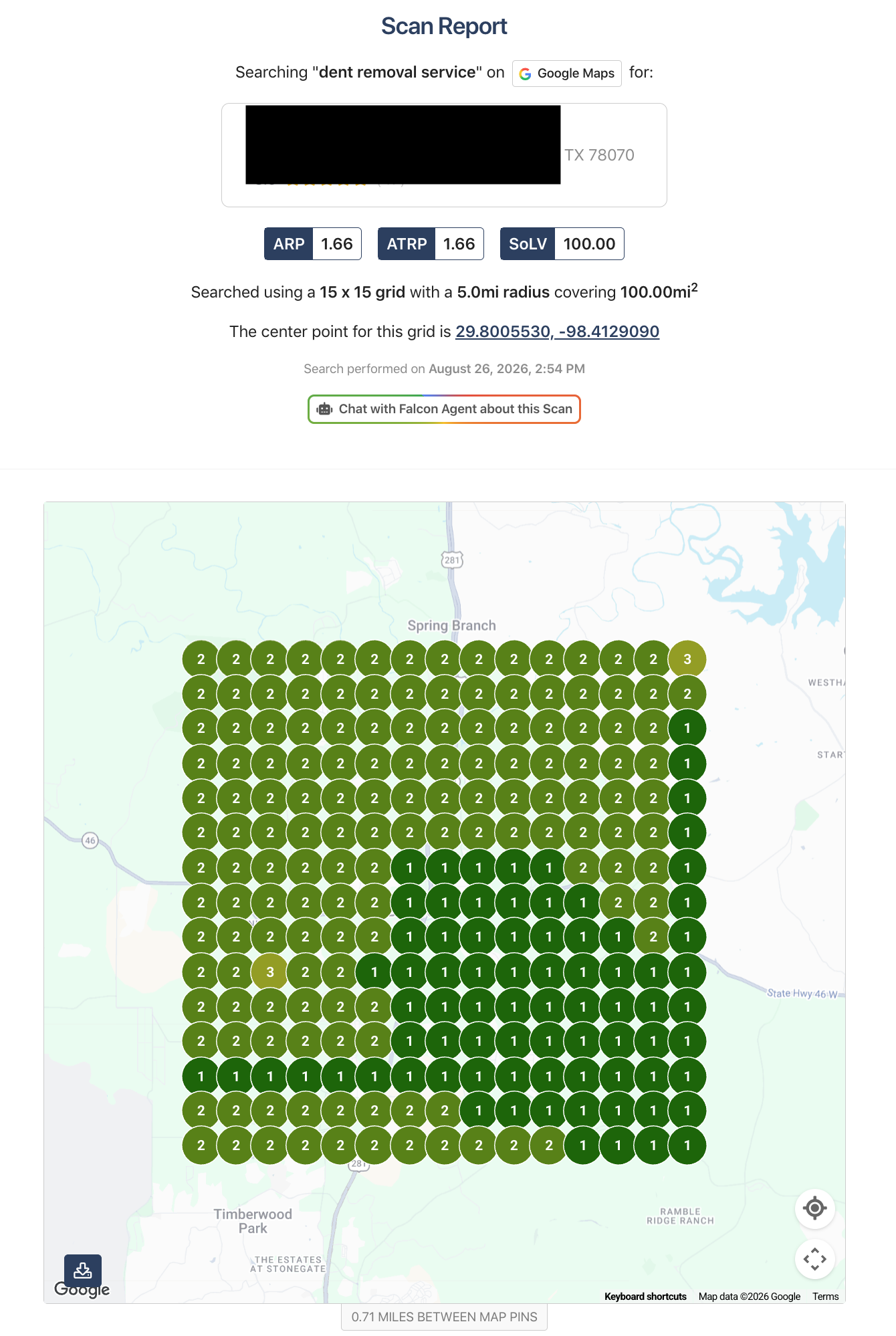 Anonymized GHL Meets SEO local SEO search grid for Dent Removal Service from August 26 2026, using a 15 by 15 Google Maps grid across a 5-mile radius and 100-square-mile area, showing number one and number two rankings across nearly the entire scan.