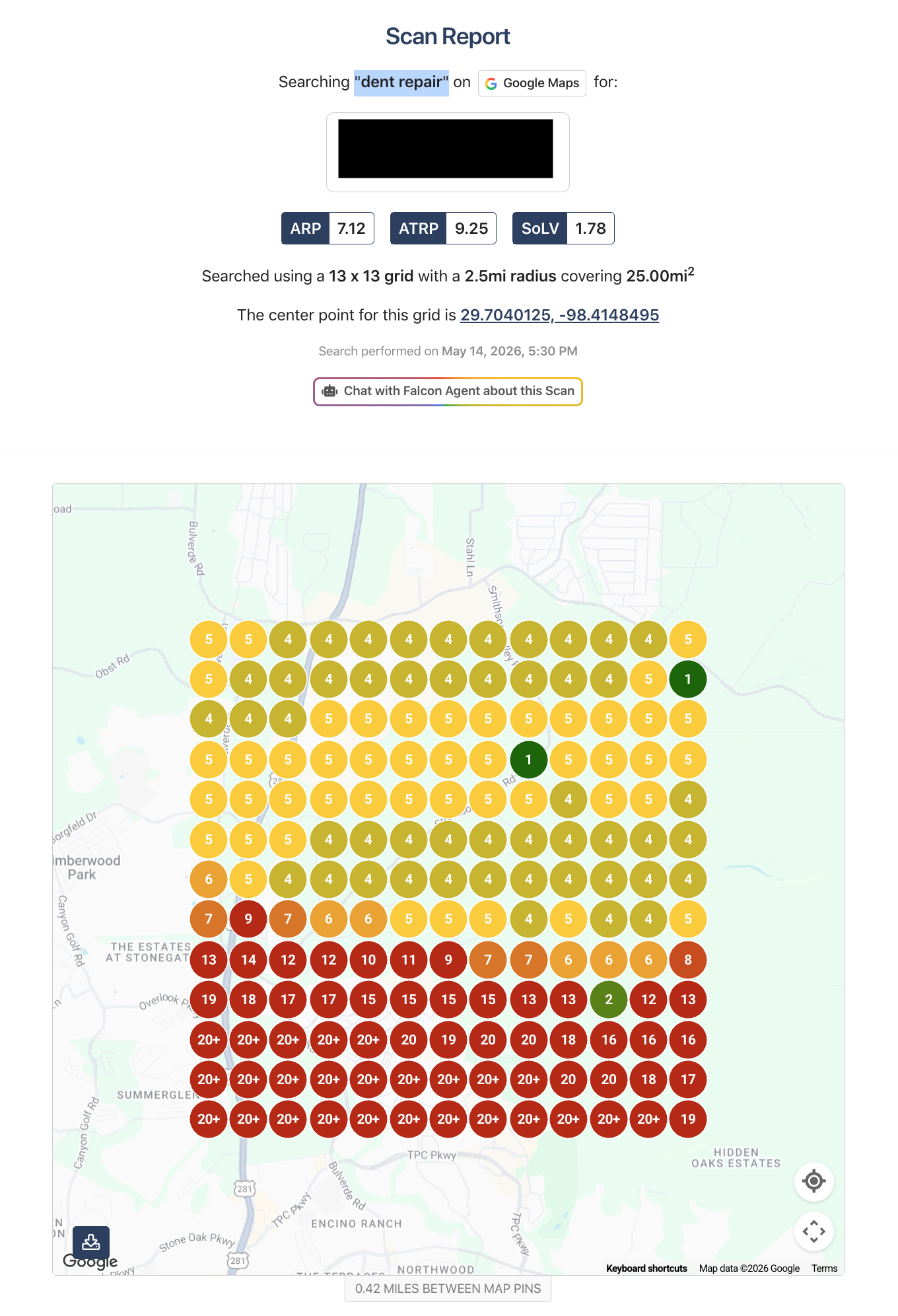 Anonymized GHL Meets SEO local SEO search grid for Dent Repair from May 14 2026, using a 13 by 13 Google Maps grid across a 2.5-mile radius and 25-square-mile area, showing mixed local ranking positions from the top three through positions 20 plus.